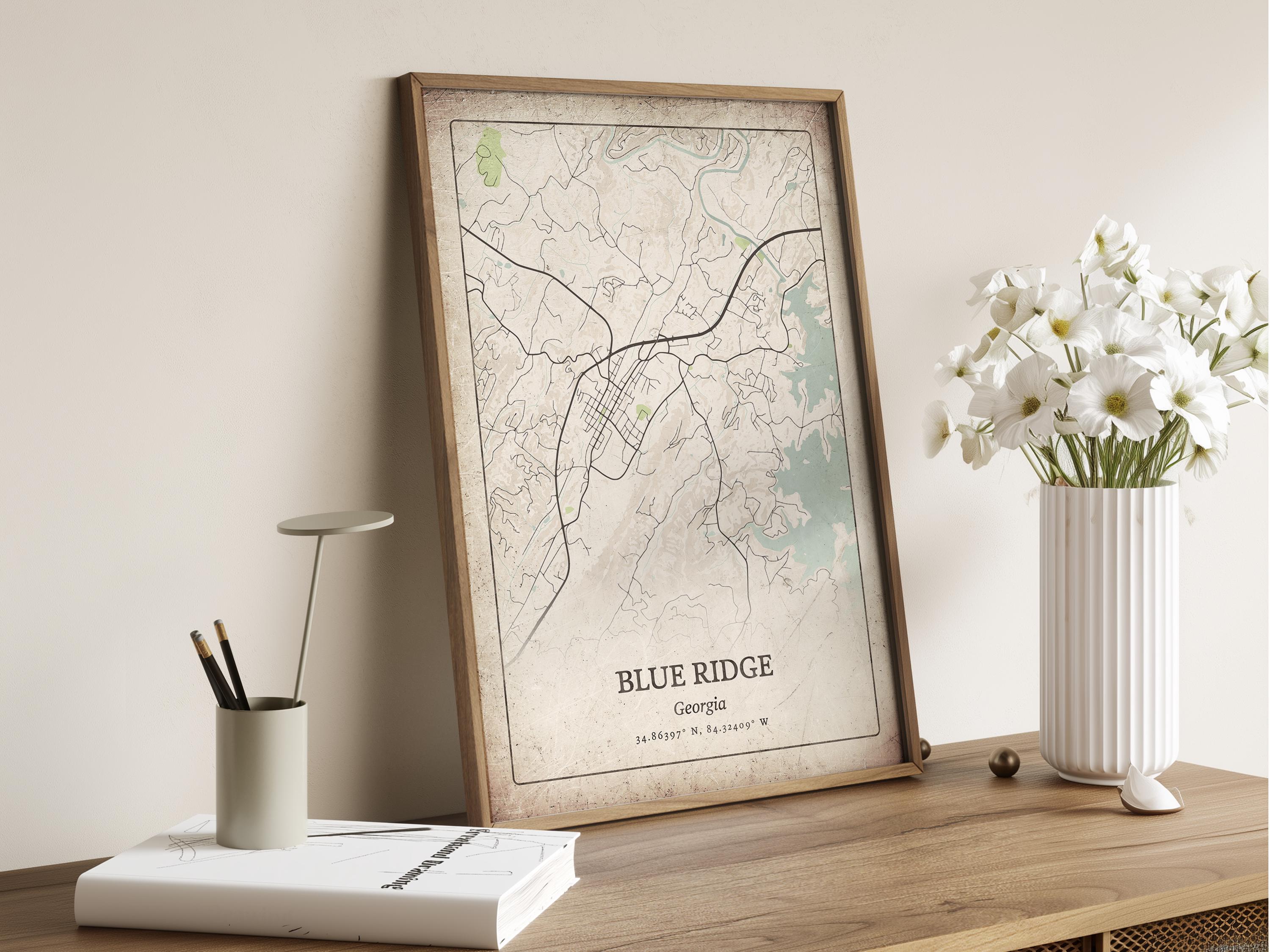 Vintage Blue Ridge GA Map Print, Distressed Classic Wall Art, Blue ...