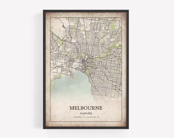 Rustic Melbourne Map Print, Vintage Grunge Wall Art, Melbourne Poster, Urban Metropolitan Apartment Decor, Australia Art