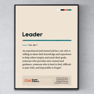 Leader Definition Poster, Chief Graduation Print, Funny Modern Office Gift, Commander Coworker Wall Art