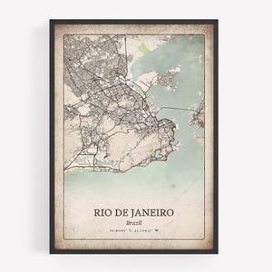 Classic Rio De Janeiro Map Print, Grunge Rustic Wall Art, Rio De Janeiro City Poster, Beach House Decor, Brazil Art