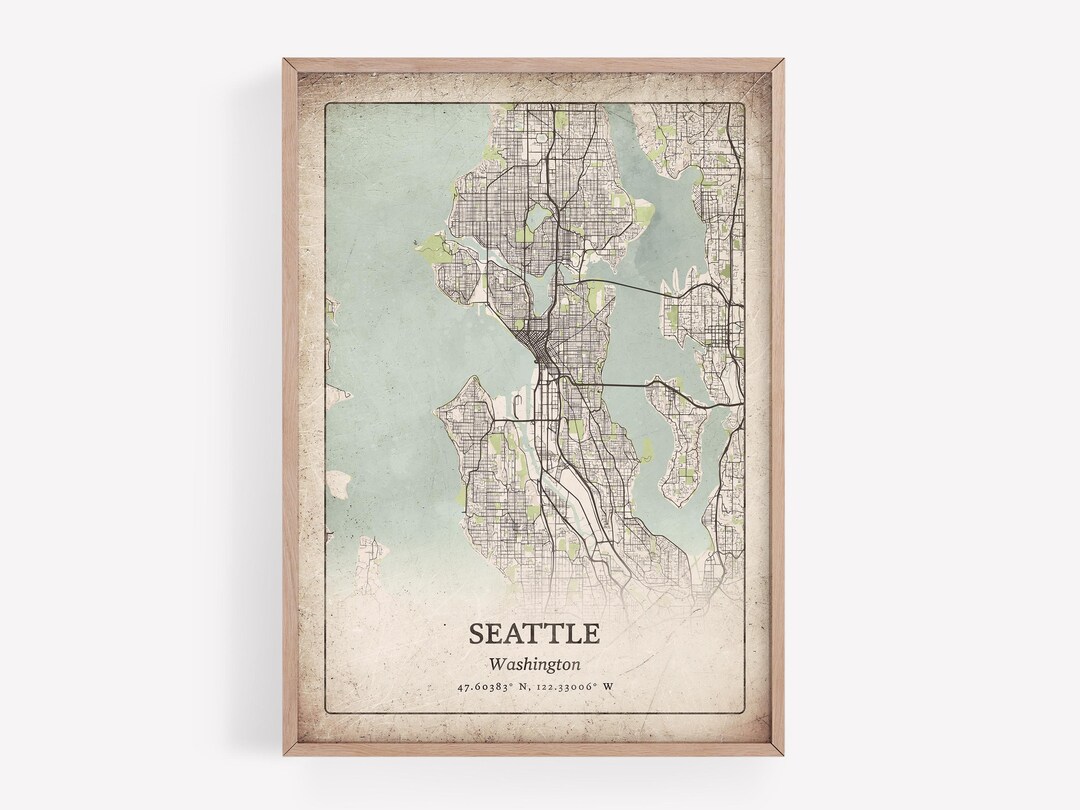 Classic Seattle Map Print, Retro Rustic Wall Art, Seattle City Poster ...