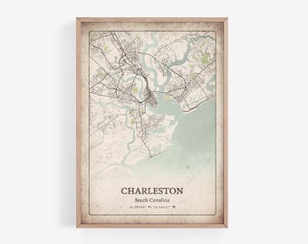 Vintage Charleston Map Print, Retro Classic Wall Art, Charleston City Poster, Coastal Cottage Decor, South Carolina United States Art