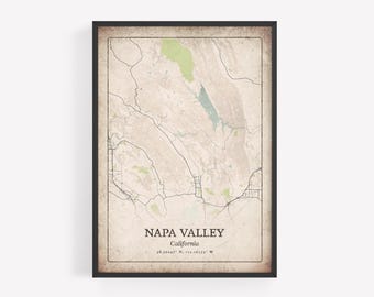 Classic Napa Valley Map Print, Grunge Antique Wall Art, Napa Valley City Poster, Wine Country Estate Decor, California United States Art