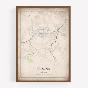 impression de carte vintage de Sedona, art mural grunge rustique, affiche de la ville de Sedona, décor de retraite dans le désert, art de l'Arizona, États-Unis