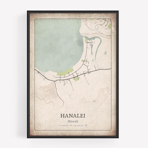 Rustic Hanalei Map Print, Antique Classic Wall Art, Hanalei City Poster, Beach House Decor, Hawaii United States Art