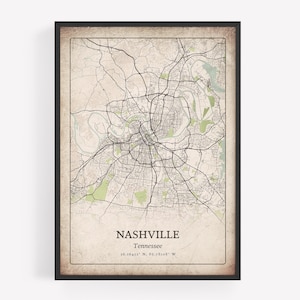 Impression de carte rétro de Nashville, art mural antique classique, affiche de la ville de Nashville, décoration d'appartement urbain métropolitain, art du Tennessee, États-Unis