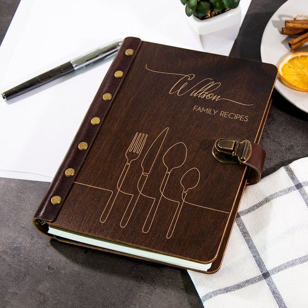 Personalisiertes Rezeptbuch Familienrezepte Individuelles Rezept Journal Blank Endraved Holz Journal Binder Geburtstag Geschenk Küche Kochbuch Geschenk für Sie