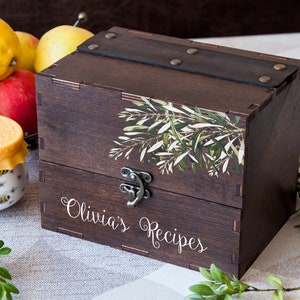 Wooden Recipe Box 4x6 or 5x7 Olive Branch Moms Birthday Gift Personalized Recipe Card Box Wedding Gift for Daughter in Law Recipe Dividers