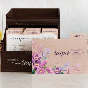 Personalized Recipe Box with Floral Printable Recipe Dividers Wedding Gift for Daughter Custom Recipe Card Box Mothers Day Gift Wooden Box