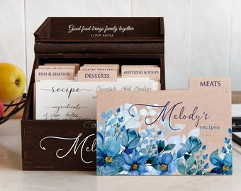 Personalized Recipe Box with Floral Dividers Mothers Day Gift for Mom Wooden Recipe Card Box for Daughter Blue Kitchen Decor Gift for Wife