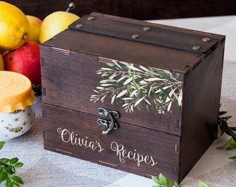 Boîte à recettes en bois, 4 x 6 ou 5 x 7 branches d'olivier, cadeau d'anniversaire de maman, boîte à cartes de recette personnalisée, cadeau de mariage pour belle-fille, séparateurs de recettes