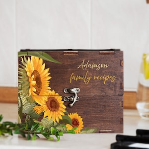 Personalized Recipe Box with Sunflowers,  Wooden Recipe Box with 9 Dividers & Cards, Wedding Recipe Card Box, Bridal Shower Gift for Bride