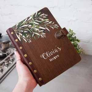 Customized Recipe Book Personalized Blank Recipe Binder Olive Branch Wooden Cookbook Gift for Her Recipe Journal Birthday Gift for Hostess image 1