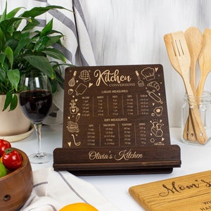 Wooden Cookbook Stand with Engraved Kitchen Conversions Chart Personalized Recipe Book Holder Kitchen iPad Stand Mom, Daughter, Wife Gifts