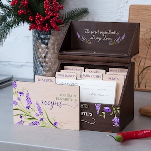 Lavender flowers recipe card box 4x6 Unique wedding gift for couple Wooden recipe box with dividers & cards Personalized bridal shower gifts