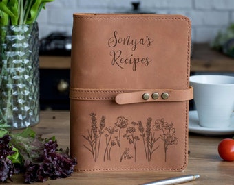 Leather Recipe Book with Flowers Personalized Mothers Day Gift Recipe Journal Birthday Gift for Daughter Cooking Notebook Mother in Law Gift