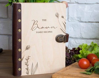 Wooden Cookbook Wedding Recipe Book Binder Engraved Floral Recipes Notebook Bridal Shower Gift Personalized Recipe Journal Recipe Organizer