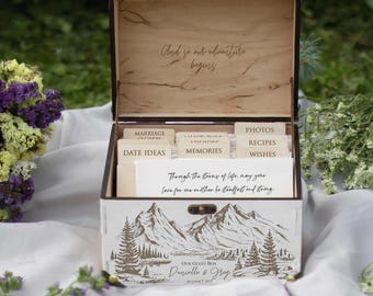 Mountain wedding guest book alternative, Unique wedding guestbook ideas, Personalized wedding advice cards box, Rustic wedding keepsake box