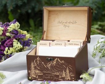 Mountain wedding guest book alternative, Unique wedding guestbook ideas, Personalized wedding advice cards box, Rustic wedding keepsake box