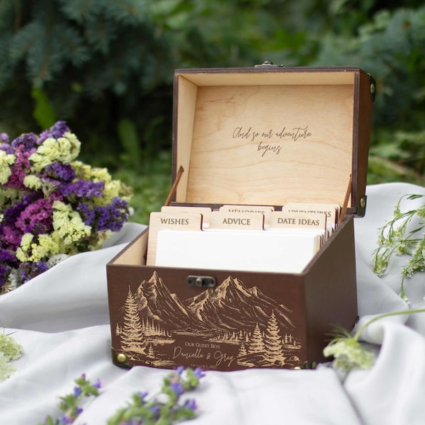 Mountain wedding guest book alternative, Unique wedding guestbook ideas, Personalized wedding advice cards box, Rustic wedding keepsake box