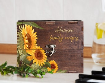 Boîte de recettes personnalisée avec tournesols, boîte de recettes en bois avec 9 intercalaires et cartes, boîte de cartes de recettes de mariage, cadeau de shower de bébé pour la mariée