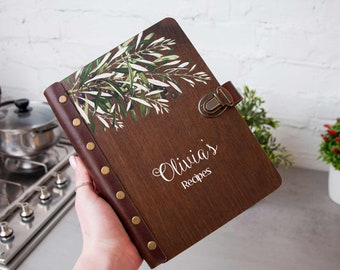 Customized Recipe Book Personalized Blank Recipe Binder Olive Branch Wooden Cookbook Gift for Her Recipe Journal Birthday Gift for Hostess