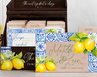 Personalized Wooden Recipe Box with Cards: Mediterranean Lemon Tile Bridal Shower Gift