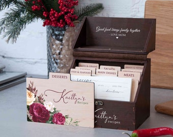 Boîte de cartes de recettes florales 4 x 6, cadeau de Noël personnalisé pour maman, boîte de recettes en bois avec 9 séparateurs et 150 cartes de recettes, cadeau pour grand-mère