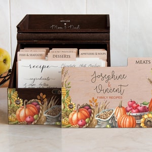 Personalized Recipe Box 4x6 5x7 Fall Bridal Shower Gift Wood Recipe Card Box with Dividers and Cards Farmhouse Kitchen Family Gift for Mom