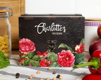 Scatola per ricette personalizzata con divisori e biglietti, grande scatola per biglietti da ricetta - 4x6 o 5x7, scatola per ricette personalizzata per addio al nubilato, matrimonio, moglie, mamma