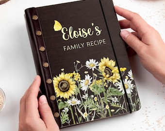Wooden Recipe Binder with Sunflowers and Set of 50 Recipe Cards: 10 Designs Available + Your Own Personalization