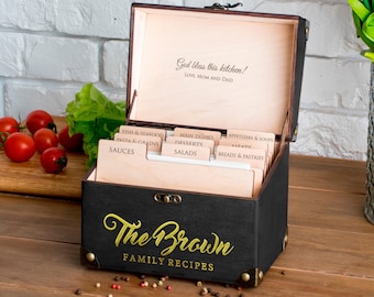 Custom Recipe Box Personalized Recipe Card Box Wooden Family Recipe Storage Box with Dividers & Cards Bridal Shower Gift for Daughter in Law