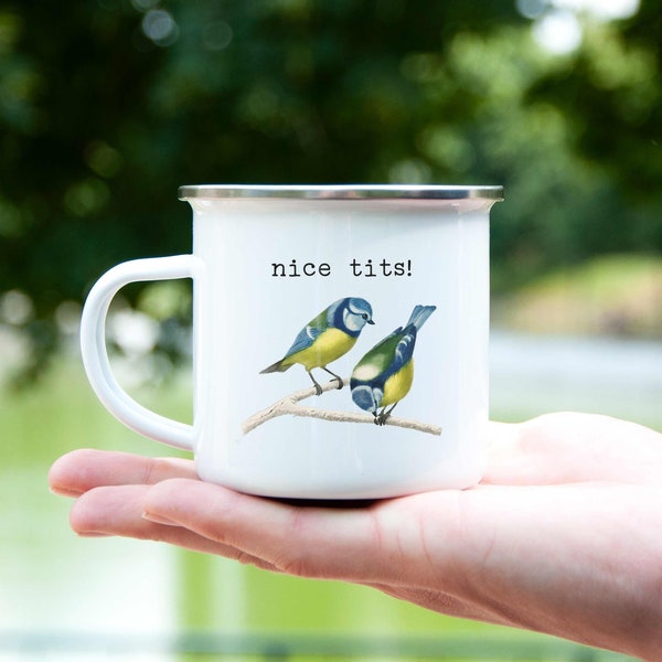 Nice Tits Bird Mug Funny Bird Lover Gift Custom Enamel Coffee Mug 10 oz Humor Tea Mug Birthday Gifts for Her Funny Present for Women, Friend
