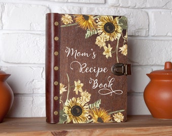 Moms Recipe Book with Ukraine Sunflowers, Wooden Recipe Journal, Personalized Recipe Binder, A5 Blank Recipe Book, Custom Gifts for Mother