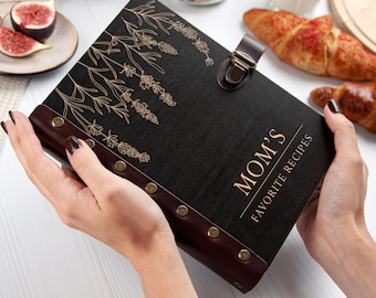 Personalized Recipe Book: Engraved Wood Cookbook with Lavender Flowers
