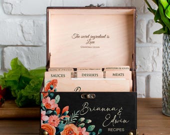 Boho Wedding Recipe Box 4x6 Personalized Bridal Shower Gift Idea Wooden Recipe Organizer with Recipe Dividers & Cards Floral Recipe Card Box