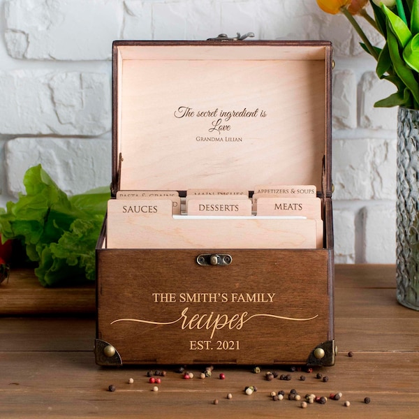 Wooden Recipe Box 4x6 Personalized Bridal Shower Gift Custom Recipe Card Box 5th Anniversary Gift for Wife Mothers Day Gift for Daughter