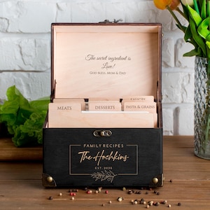Personalized Recipe Box with Dividers and Recipe Cards for Bridal Shower Gift Wooden Recipe Card Box Custom Kitchen Storage Recipe Organizer