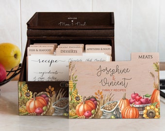 Personalized Recipe Box 4x6 5x7 Fall Bridal Shower Gift Wood Recipe Card Box with Dividers and Cards Farmhouse Kitchen Family Gift for Mom