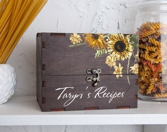 Sunflowers Recipe Card Box with 9 Recipe Dividers & 150 Recipe Cards Personalized Christmas Gift for Daughter from Mom Wooden Recipe Box 4x6