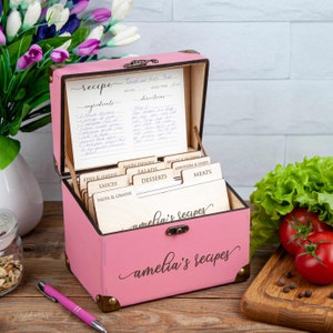 Recipe Card Box with Dividers and Recipe Cards Mothers Day Gift Personalized Recipe Box Wooden Storage Box Moms Birthday Gift Kitchen Decor