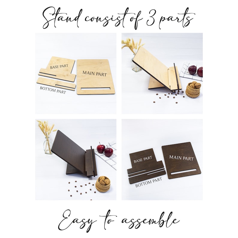 May include: A wooden stand for displaying books or other items. The stand is made of three parts: a base, a main part, and a bottom part. The stand is easy to assemble.