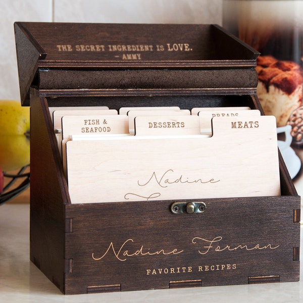 Personalisierte Rezeptbox, Holzrezeptbox mit Teilern und Rezeptkarten, benutzerdefinierte Kartenbox 4x6, Erbstück, Kochgeschenk, Aufbewahrung handgemachter Rezepte
