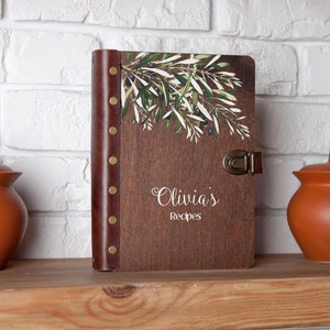 Customized Recipe Book Personalized Blank Recipe Binder Olive Branch Wooden Cookbook Gift for Her Recipe Journal Birthday Gift for Hostess image 4