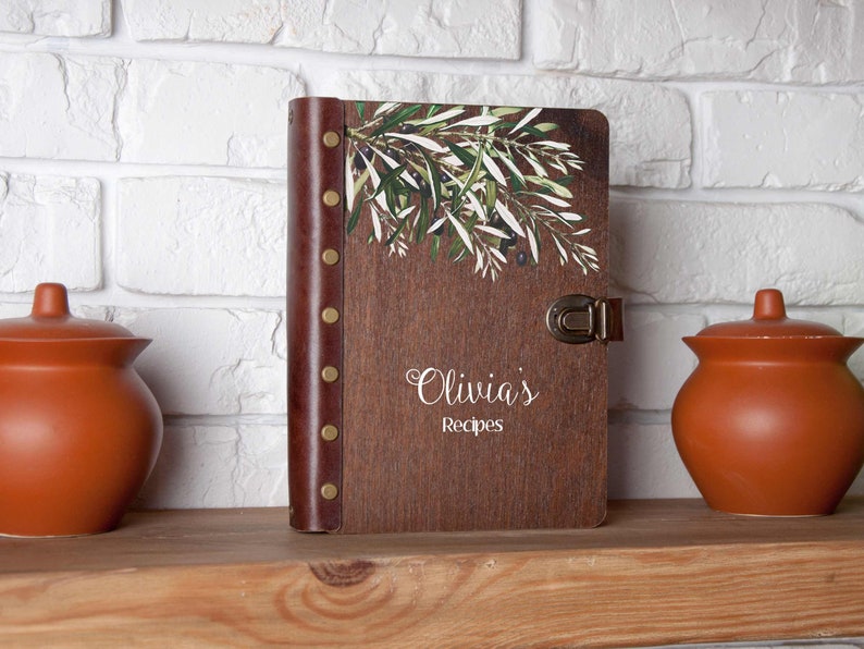 Customized Recipe Book Personalized Blank Recipe Binder Olive Branch Wooden Cookbook Gift for Her Recipe Journal Birthday Gift for Hostess image 4