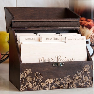 Personalized Recipe Box with Wooden Dividers Gift for Mom Floral Recipe Box Gift for Grandmother Engraved Recipe Card Box Wood Kitchen Decor