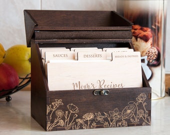 Personalized Recipe Box with Wooden Dividers Gift for Mom Floral Recipe Box Gift for Grandmother Engraved Recipe Card Box Wood Kitchen Decor