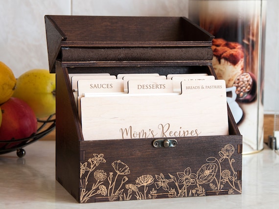 Personalized Recipe Box With Wooden Dividers Gift for Mom Floral Recipe Box  Gift for Grandmother Engraved Recipe Card Box Wood Kitchen Decor 