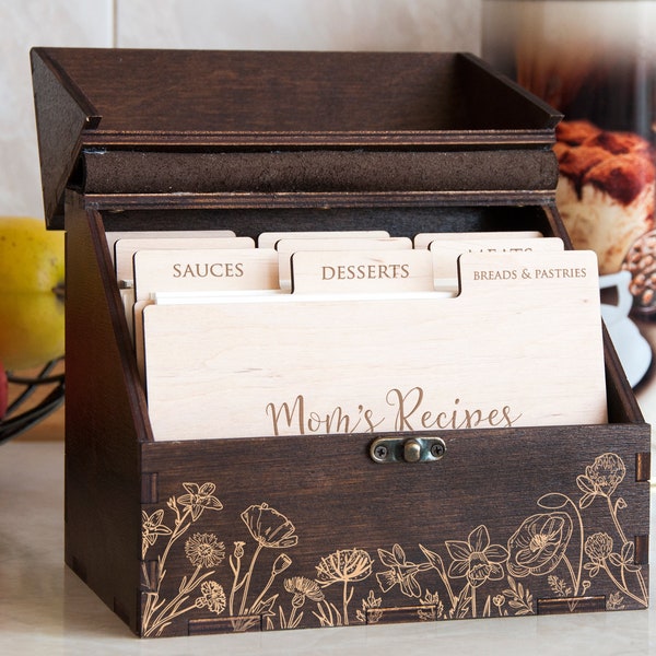 Personalized Recipe Box with Wooden Dividers Gift for Mom Floral Recipe Box Gift for Grandmother Engraved Recipe Card Box Wood Kitchen Decor