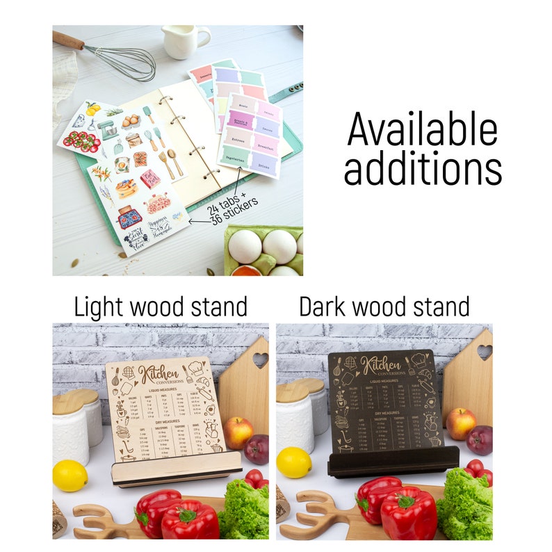 May include: A wooden kitchen conversion chart with a light wood stand and a dark wood stand. The chart includes cooking measurements and conversions. The chart is surrounded by kitchen-themed illustrations.